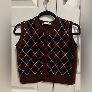 Zara Brown Cropped Sweater Vest Button Up Size Small/Medium
